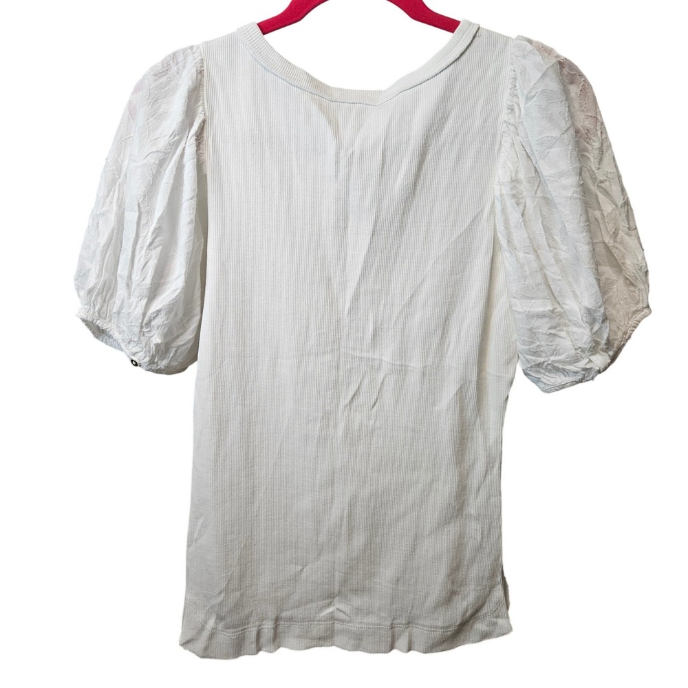 Pilcro White Ribbed Mixed Media Puff Sleeve Button Bib Top Small - Picture 3 of 6